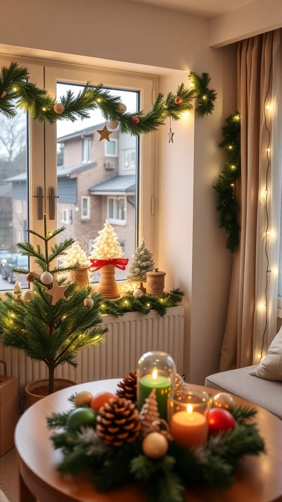 Cozy apartment with DIY Christmas decorations, including a small tree with handmade ornaments and a festive table centerpiece.